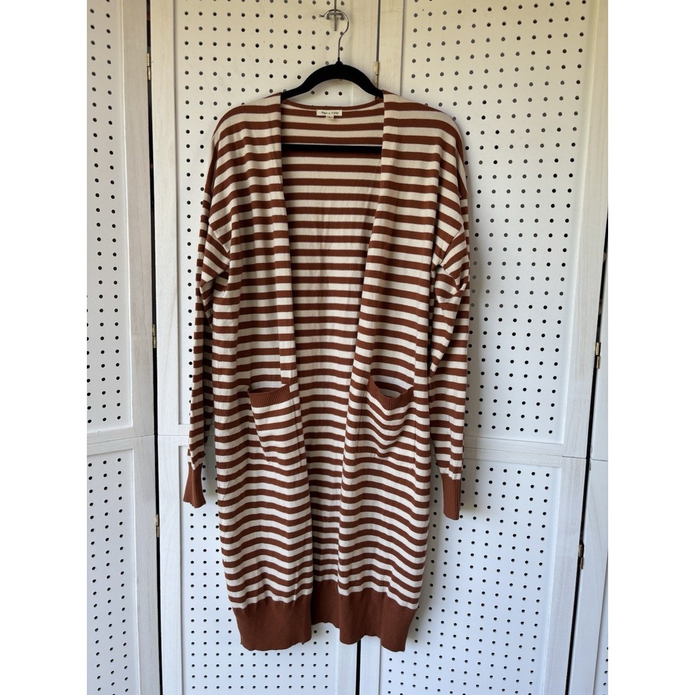 Tea N Rose Long Cardigan Open‎ Front Striped Rust Brown / Ivory Women's Lg